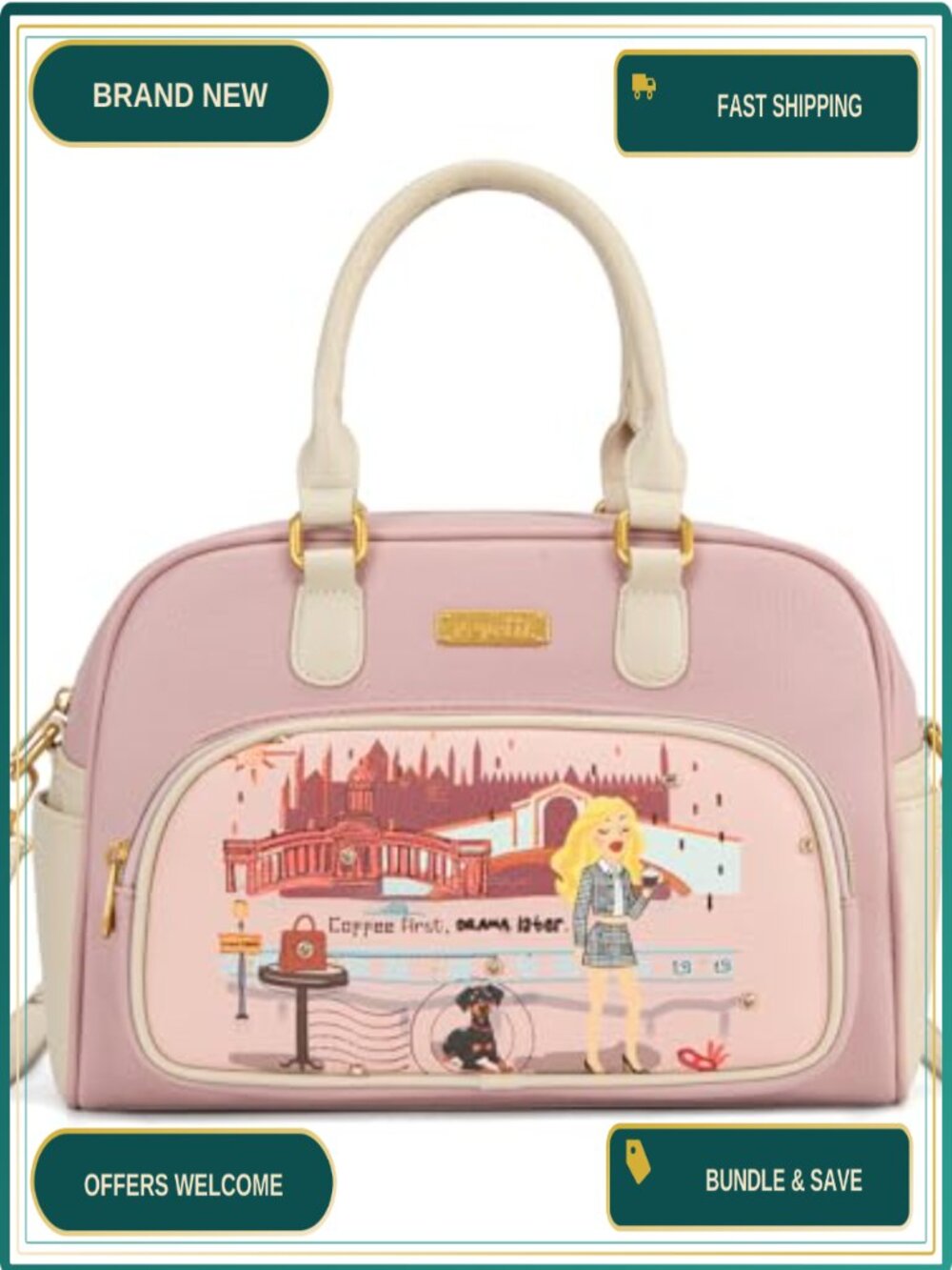 Venetti Satchel Bag Cityscape Illustration Zipper Handbag Crossbody Purse